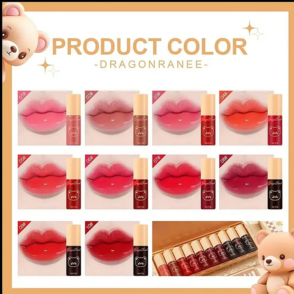 🆕️DRAGONRANEE MINI LIPGLOSS/LIP TINT SET OF 10 IN ADORABLE 🧸TEDDY🧸BOX *Y2K*